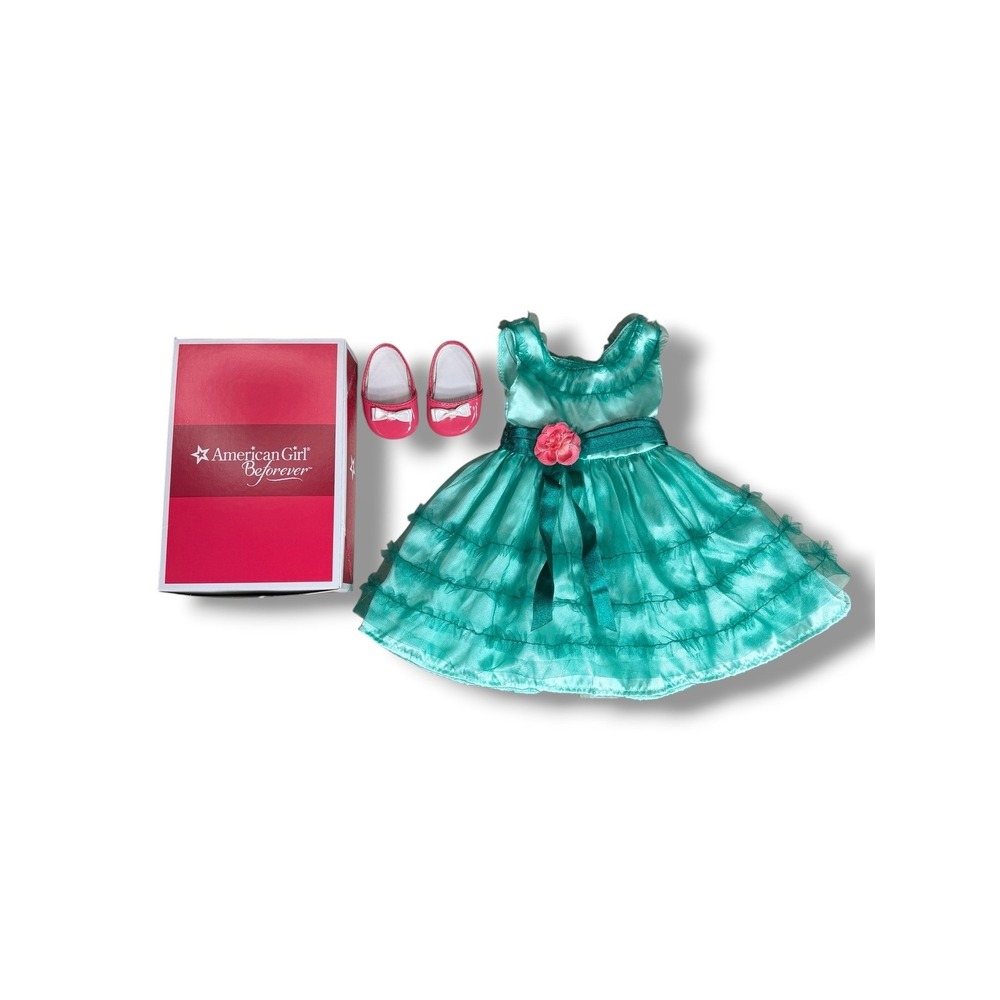 American Girl Beforever Maryellen Birthday Dress & Shoes Teal Pink CMC46-AF1A